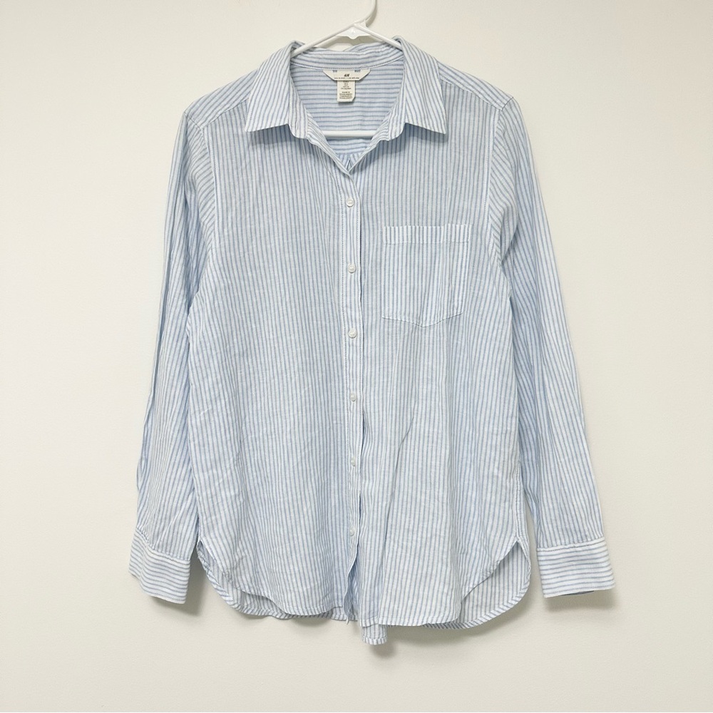H&M Light Blue and White Striped Casual Linen Blend Shirt Women's size Small